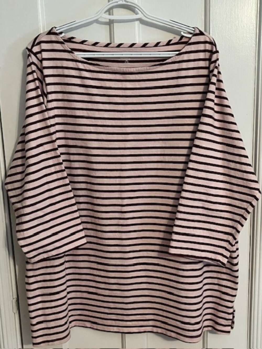 LANDS' END BOATNECK JERSEY TUNIC, PINK & BURGUNDY STRIPES, 1X, 3/4 SLEEVES, EUC